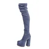 جلد الغنم 2021 Leather Lady Suede Snight Boots Square 14.5 سم مكتنزة Med Heels Solid Stipper Platfor