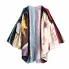 ZA Silk Kimono Style Suit Print Shirt + Pants 2pcs Soft Thin Loose Top V-Neck High Waist Elegant Streetwear 210930