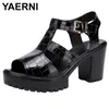 Sandals YAERNISmall Plus Size 32-43 Block Heel Platform Patent Leather Summer 2021 Buckle Elegant High Heels Women Thick