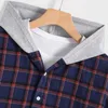 Men's Fashion For Spring Is A Patchwork Checked Short-sleeved Hooded Casual Shirt Men 5100 Polos