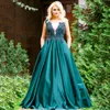 Dark Green V Neck A Line Lace Evening Dresses with Pockets Appliqued Sweep Train Corset Back Satin Prom Special Occasion Gowns