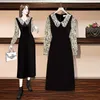 Spring Dresses For Women Vintage Style Doll Collar Patchwork Velvet Long Sleeves Elegant Midi Black Dress Female Clothing 210428