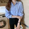 Women's Shirt Long Sleeve Oversized Blouses Casual Striped Cotton Preppy Harajuku Blusas Female Tops Fashion Blue Chic 210506