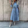 2021 Mulheres Denim Midi Camisa Vestido de Moda Outono Manga Longa Slim Sólida Azul Casual Solto Jean Vestidos Vestido de Mujer Y1006