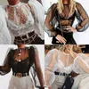 Buff Manga Malha de Bolinhas Camisa Mulheres See-Throus Blejes Sheer Long Blusa O Pescoço Camisas Preto Branco Feminino Tops Mulheres