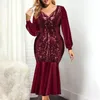 Abiti casual Taglie forti Abito lungo Donna Paillettes Sexy Autunno Manica lunga Girocollo Pizzo irregolare Festa per gli invitati a un matrimonio