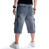 Mens Plus Size Loose Baggy Denim Short Men Jeans Fashion Streetwear Hip Hop Long 3/4 Capri Cargo Shorts Pocket Bermuda Male Blue 210322