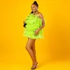 十代の若者のカクテルパーティーガウンミニストラップレスティアードチュールシンプルなプロムのガウンのための蛍光グリーンの母音のドレス