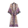 Wiosna Boho Styl Loose Vintage Drukuj V Neck Lace-Up Flare Rękaw Kimono Długa Dress Kobieta Moda Chic 210508