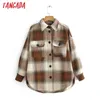 Tangada vrouwen bruin plaid dikke jassen jas losse lange mouwen zak dames elegante herfst winterjas 3r7 210609