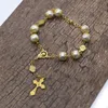 Cross Strand Armband Imitaiton Pearl Beades Gold Jesus Rosary Armband för män Kvinnor