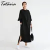 Tataria pols mouw t-shirt jurk vrouwen casual losse lange jurken vrouwelijke enkel lengte bladerdeeg vintage O-hals 210514
