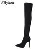 Eilyken 2021 Fashion Stretch tyg socka stövlar pekande tå över-knä häl lår hög spetsig tå kvinna boot size 35-42 ewrw3223