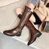 Boots MEZEREON Split Leather Motorcycle Square Toe Western Riding Equestrian Med Heel 3.5 CM Fashion Winter Shoes With Zip