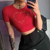 Coração Diamante Padrão Y2K Crop Tops Mulheres Camisetas Bateu Verão Kawaii Vermelho Estética O-pescoço De Manga Curta Preto Camiseta 210510