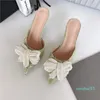 Boots Summer Fashion Dress Middle Heel Rhinestone Lace Pointed High Shoes Half Slippers Women's Sandals