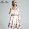 Fashion Set Autumn Women's Dress Long Sleeve Zipper jacket Tops+Vintage Print lace-up skirt Keep warm Two-piece sets 210524