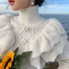 Ruffled Floral White Knitted sweter Kobiety Moda Vintage Turtleneck Lantern Rękaw Kobiecy Eleganckie Pulowers Chic Retro Knentwea 211123