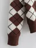 Herbst Winter Argyle Strickpullover Pull Femme England Stil Plaid Vintage Pullover braun Casual Jumper 210427