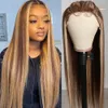 Ombre Honigblonde Spitze-Front-Perücke, gerade, Remy-Haar, Seidenbasis, volle Schnürsenkel, Echthaar, mit Babyhaaren, 360-Spitze-Frontal