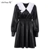 Mnealways18 Patchwork Women Leather Dress With Peter Pan Collar High Waist Autumn Winter Elegant Ladies Black Frill 220308