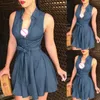 Women Dress Big Open Deep V-Neck Button Decorated Sleeveless Ruched Denim Fit and Flare High Waist Clothing 210522