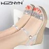 Sommarskor för kvinna 2020 Wedge Sandals Rhinestone Flower Bling Women's Peep Toe High Heels Plus Size Ladies Footwear Y0714