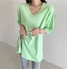 Plus Size Basic Korean Women Long T Koszula Topy Lato Krótki Rękaw V-Neck Rozdziela Tees Swetry Casual Fashion Loose T-shirt 210513