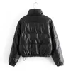 Faux Lether Chaud Puffer Recadrée Noir Veste Femmes Automne Hiver Femme Vers Le Bas Bulle Manteau Col Roulé À Manches Longues Épais Parkas 211013