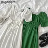 Casual Square Collar Short Sleeve Midi Elegant Dress Women Bow Tie High Waist Loose Cotton Solid Dresses Summer 210601