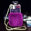 Bling Diamond Chain Perfume Bottle Cases For Samsung S10 S9 S20 S21 Plus Ultra Note10 20 Lite Pro Rex Rabbit Fur Hair Sleeve Plush with Crossbody Neck Strap Lanyard Case