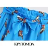KPytomoa Mulheres moda com cinto impresso calções paperbag vintage alta elástica cintura lateral bolsos feminino calças curtas mujer 210621