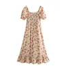 Mode française Vintage col carré manches bouffantes robe florale été mince taille haute fendue vacances jupe longue femme 210508