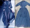 Hottest Blue Stripes Women Runway Dresses Long Sleeves Turtleneck Sexy Hollow Out Waist A line Floor Length Charming Party Dress X0521