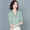 Office Lady V-neck Solid Women Blouse Summer Short Sleeve Embroidery Casual Satin Silk Shirts Plus Size Loose Tops 13460 210512
