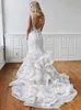 Ruffles Synito Gonna in pizzo Mermaid Abito da sposa Abito da sposa Robe de Mariee Backless Scollo a V Tiered Abiti da sposa 2021 Design moderno