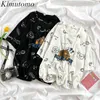 キムトモかわいい漫画の印刷ロング半袖Tシャツ夏和風女性Oネックトップスoutwearカジュアル210521