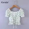 Daisy Print White Lace Up Blusa Tops Mujeres Puff Manga Vintage Pelpum Crop Summer Beach Ruffle Algodón Chic 210427