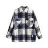 TRAF Women Vintage Stylish Oversized Plaid Jacket Coat Fashion Lapel Collar Long Sleeve Pockets Loose Outerwear Chic Tops 211014