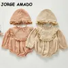 Wiosna Baby Girls Body Długie Rękawy Ruffles Collar Kombinezon z Cap Born Cute Style Kids Clothes E06 210610