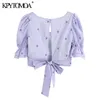 Kpytomoa Mulheres doces moda floral bordado blusas cortadas de mangas puxadas vintage camisetas femininas de gravata borboleta