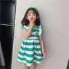 Korean Girls Striped Cotton Causal Dress Clothing for Kids Ruffles Sleeve Carrot Lovely Summer Sundress 210529