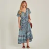 Niebieski Kwiatowy Chic Maxi Drwomen 2020 Retro Krótki Rękaw V Neck Sexy Sukienki Letnie Ubrania Boho Hippie Beach Party Długa Dress X0621