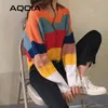 Vinter Bohemian Kvinnor Tröja Rainbow Colors Striped V Halsband Kort Pullovers Korea Tassel Långärmad Kvinnlig Kläder 210521