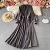 Neploe Vestido Mujer Elegant Slim Lantern Sleeve V-neck Dress Women Korean Robe Temperament Lace Embroidery Large Swing Dresses 210422