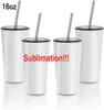 16oz Tapered Sublimation Blank White Tumbler Stainless Steel Coffee Travel Tea Wine Mugs with Metal Straw and Lid FY5074