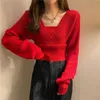 Höst Kvinnor Tröjor Casual Puff Långärmad Kort Jumper Sexig Cross V Neck Fake Två Pieces Sweater Koreansk Slim Bottom Strike 211014