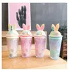 Drinkware Creative mugs ice cup girl heart rabbit straws cups lovely double-layer iced broken plastic water cup 496