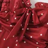 Kobiety Burgundia Polka Dot Sexy Party Dress Romantyczny Backless Puff Sleeve A-Line Mini Boże Narodzenie LJPZ9149 210514