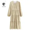 FANSILANEN Vintage jaune imprimé fleuri longue robe femmes manches boho plage femme v cou bandage printemps été 210607